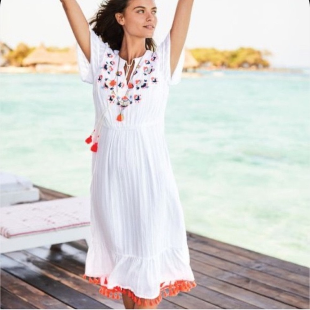 Boden White Embroidered Tassel Midi Dress with Orange Accents
